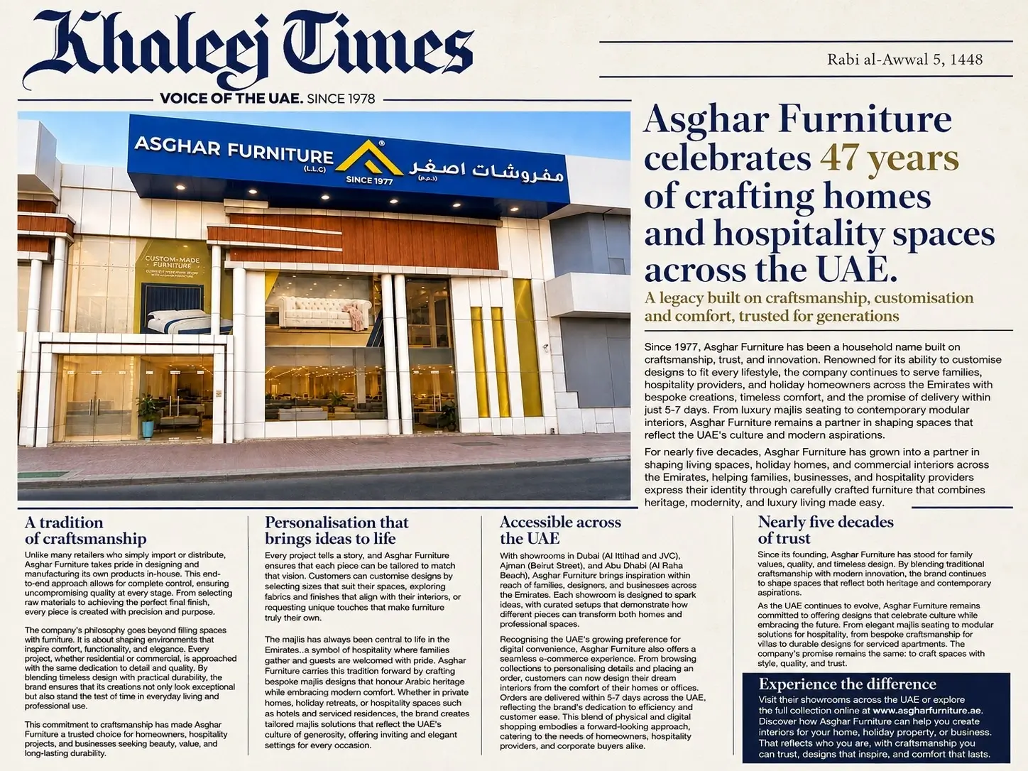Khaleej Times: 47 Years of Crafting Homes & Spaces: The Asghar Furniture Legacy Across the UAE