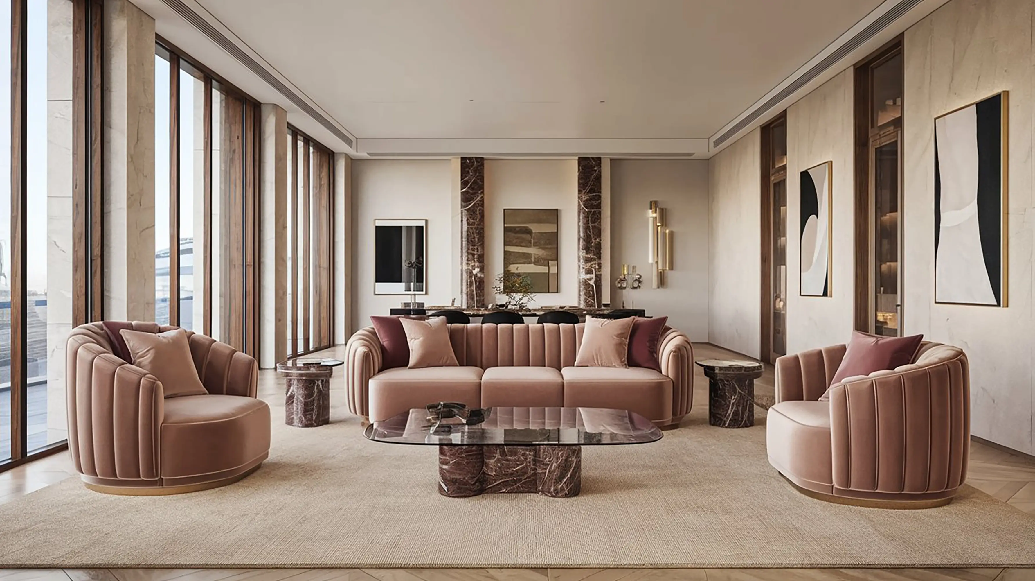 Modern dining table with marble top, gold legs, two upholstered chairs, pendant light, and round wall mirror.