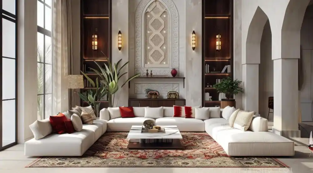 A luxurious, U-shaped white sectional anchors a living room with Middle Eastern-inspired architecture.