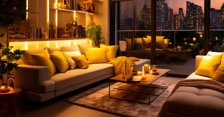 living room furniture with lights