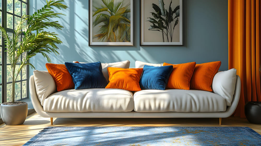 A cozy living room with a beige sofa featuring multicolor pillows, bright orange curtains, and lush indoor plants.