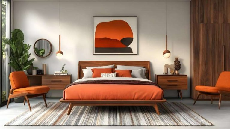 Modern Bedroom Interior with Orange and Wood Accents