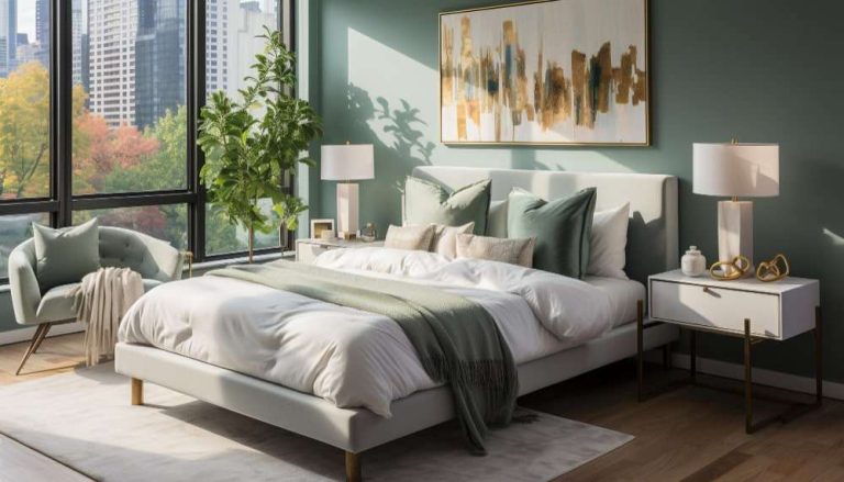 A modern bedroom featuring green walls and a large window