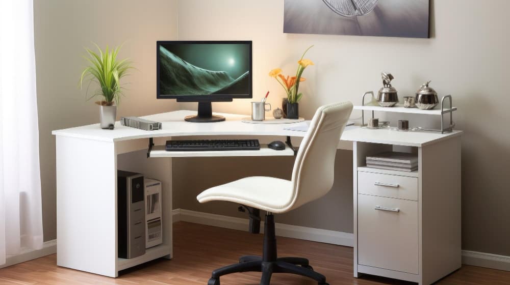 A white computer desk featuring a monitor and keyboard, creating a clean and modern workspace setup.