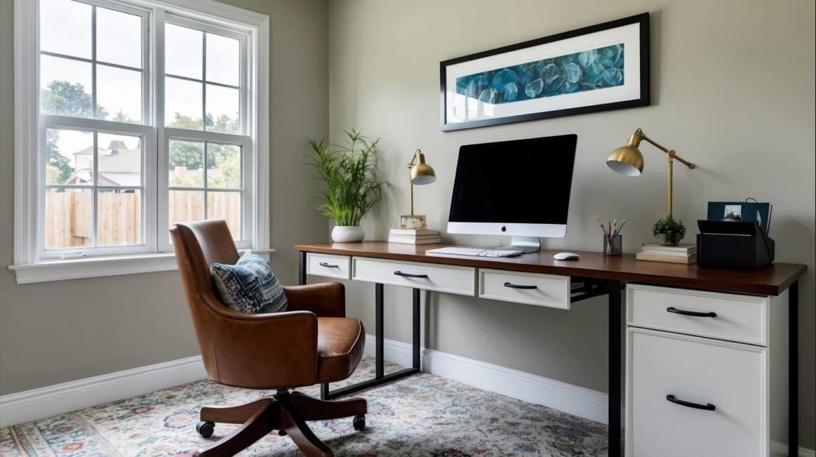 A modern home office setting with a stylish desk and ergonomic chair