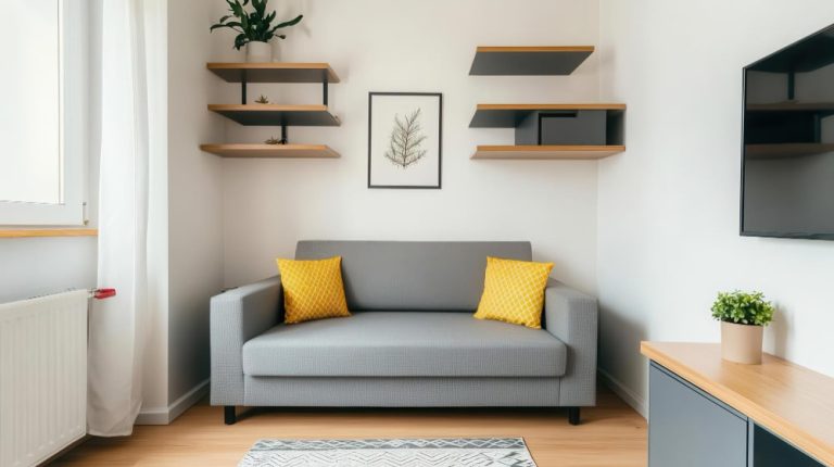 A small living room showcasing a comfortable couch with bright yellow pillows, enhancing the space's cheerful ambiance