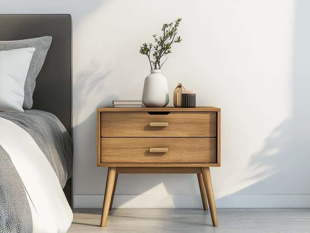 A wooden nightstand featuring a decorative vase on top, adding a touch of elegance to the room.