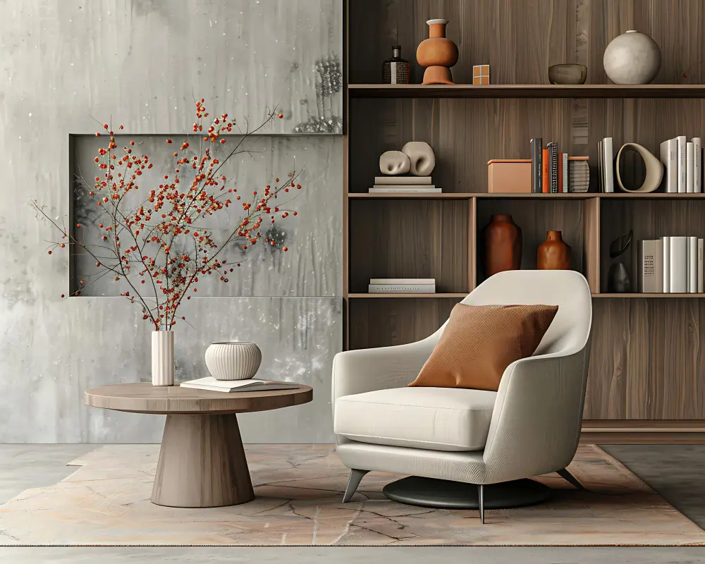 A cozy living room featuring a chair beside a table adorned with a decorative vase.