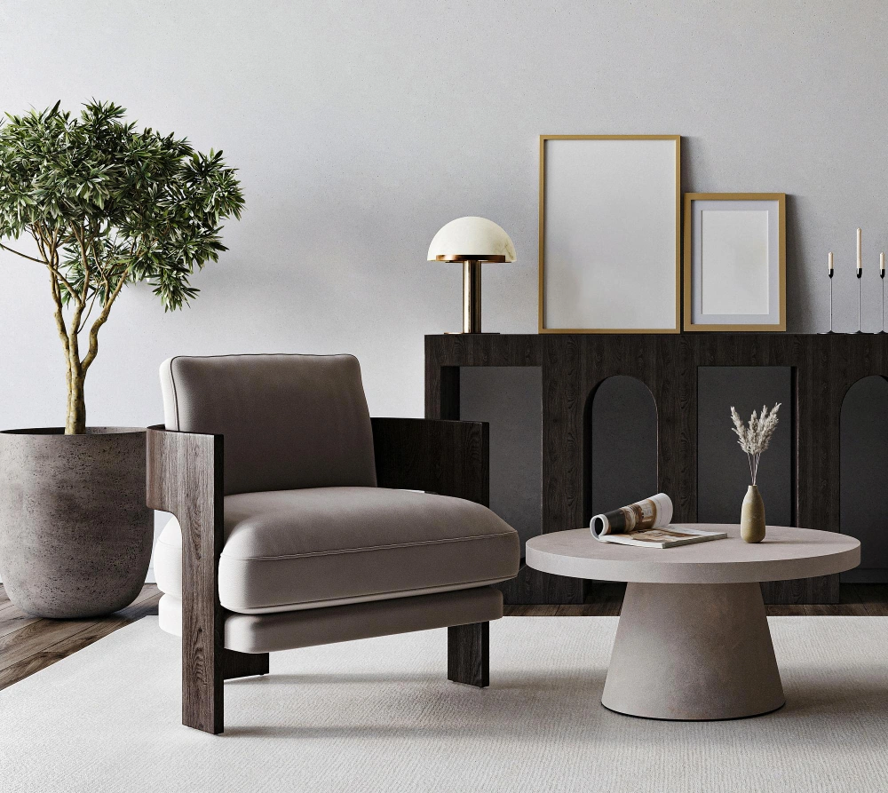 A contemporary living room featuring a stylish chair, a sleek table, and a vibrant indoor plant.