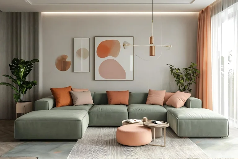 A cozy living room featuring a green couch adorned with orange pillows and a stylish coffee table in front.