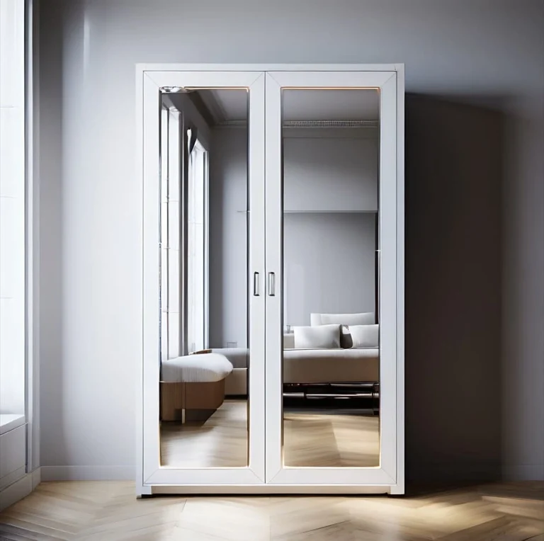 cupboard-with-mirrored-doors-reflecting-white-plane