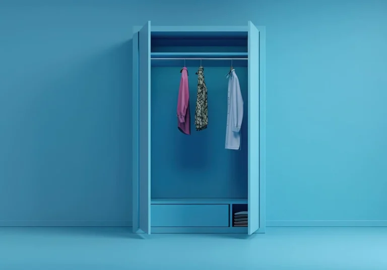 open-blue-closet-with-shirts-hanging-rod