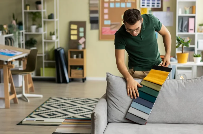 A man holds a striking custom sofa, highlighting its vivid patterns.