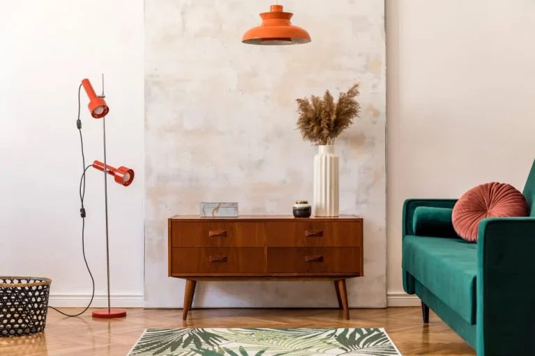 a cozy living room with beautiful sofa and a night stand