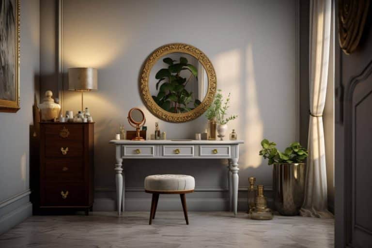 A cozy room featuring a stylish vanity, a large mirror, and a vibrant green plant for a touch of nature.