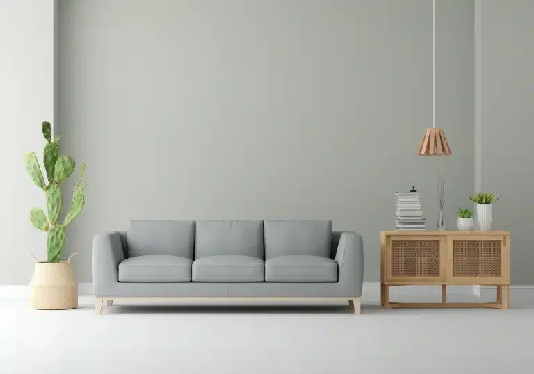 A modern living room with a gray sofa, a cactus plant in a woven pot, a wooden side cabinet with stacked books, and a small plant under a pendant light.