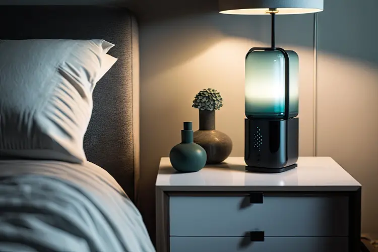 A bedside lamp illuminating a nightstand beside a neatly made bed in a cozy bedroom setting.