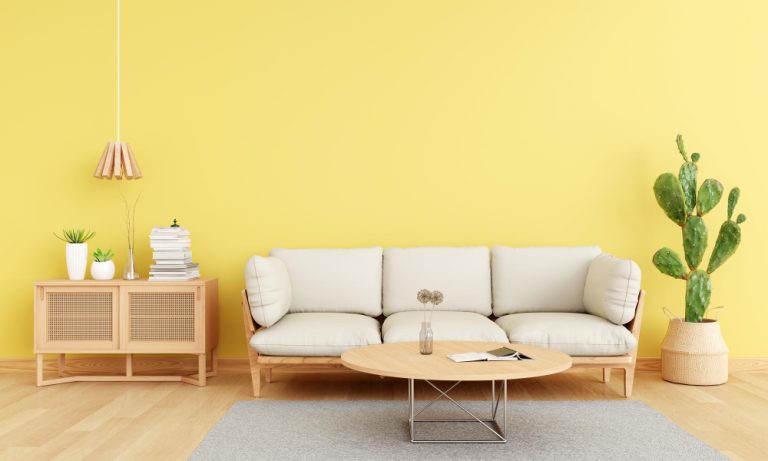 A bright yellow living room featuring a cozy couch, a stylish table, and a potted cactus for a touch of greenery.