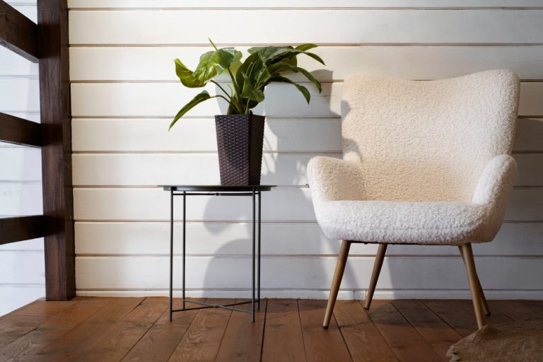 A chair and a potted plant on a table beside a rustic wooden wall, creating a cozy and inviting atmosphere.