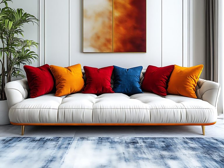 A white couch adorned with vibrant red, blue, and yellow pillows, creating a lively and inviting living space.