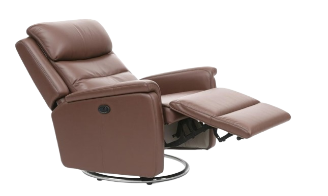 A brown leather recliner chair is prominently displayed, showcasing its sleek design and comfortable seating.