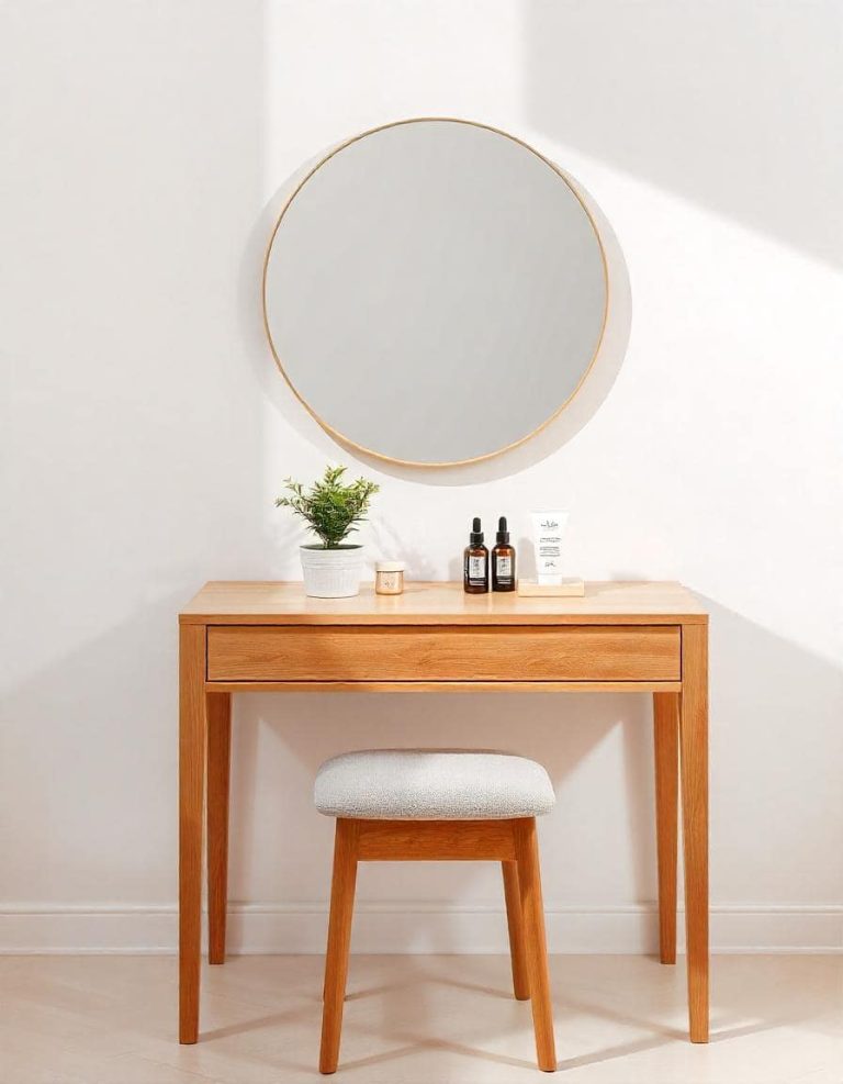 Minimalist wooden vanity table setup with a round mirror, featuring a decorative plant and skincare products, ideal for modern interior design and home decor inspiration.