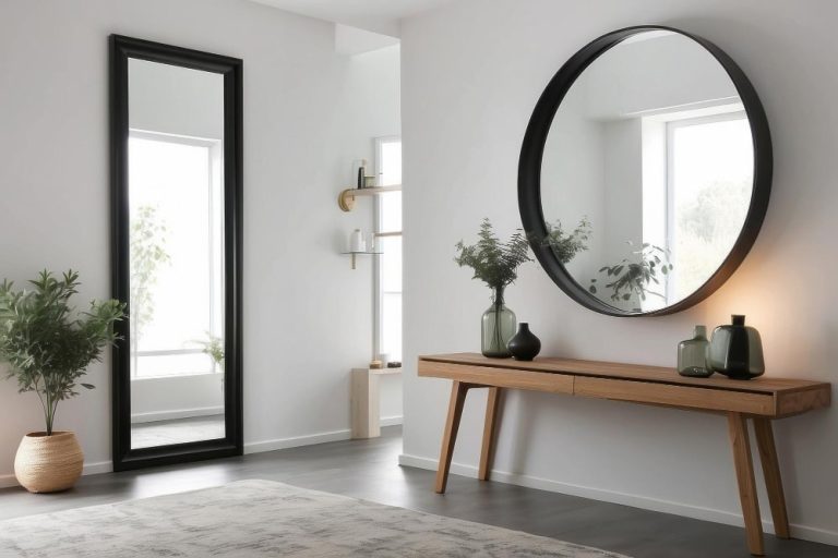 A large mirror hangs on the wall in a room, complemented by a sleek wooden console beneath it, enhancing the decor.