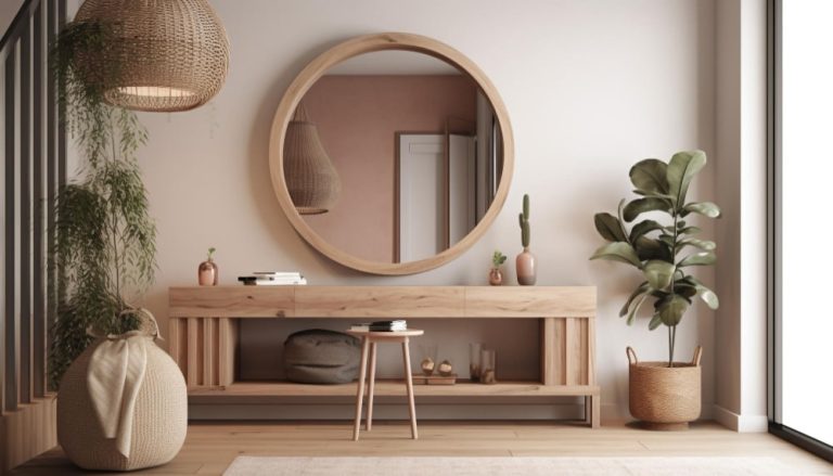 Modern entryway showcasing a wooden table and a sleek mirror, enhancing the space's elegance.