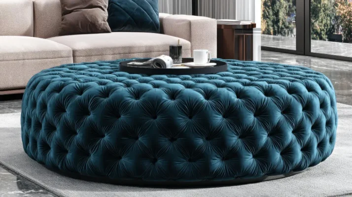 A green ottoman placed on a rug, positioned in front of a window, creating a cozy and inviting atmosphere.