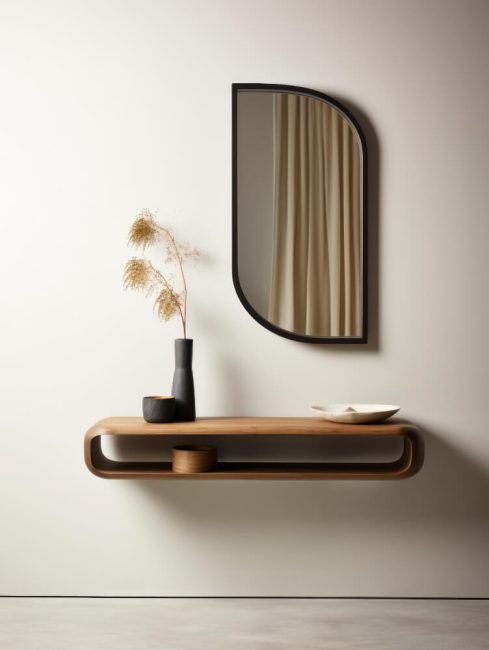 A wall-mounted mirror above a shelf, reflecting the surrounding space and enhancing the room's decor.